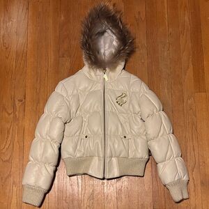 Rocawear White Leather Puffer Jacket with Faux Fur Hood